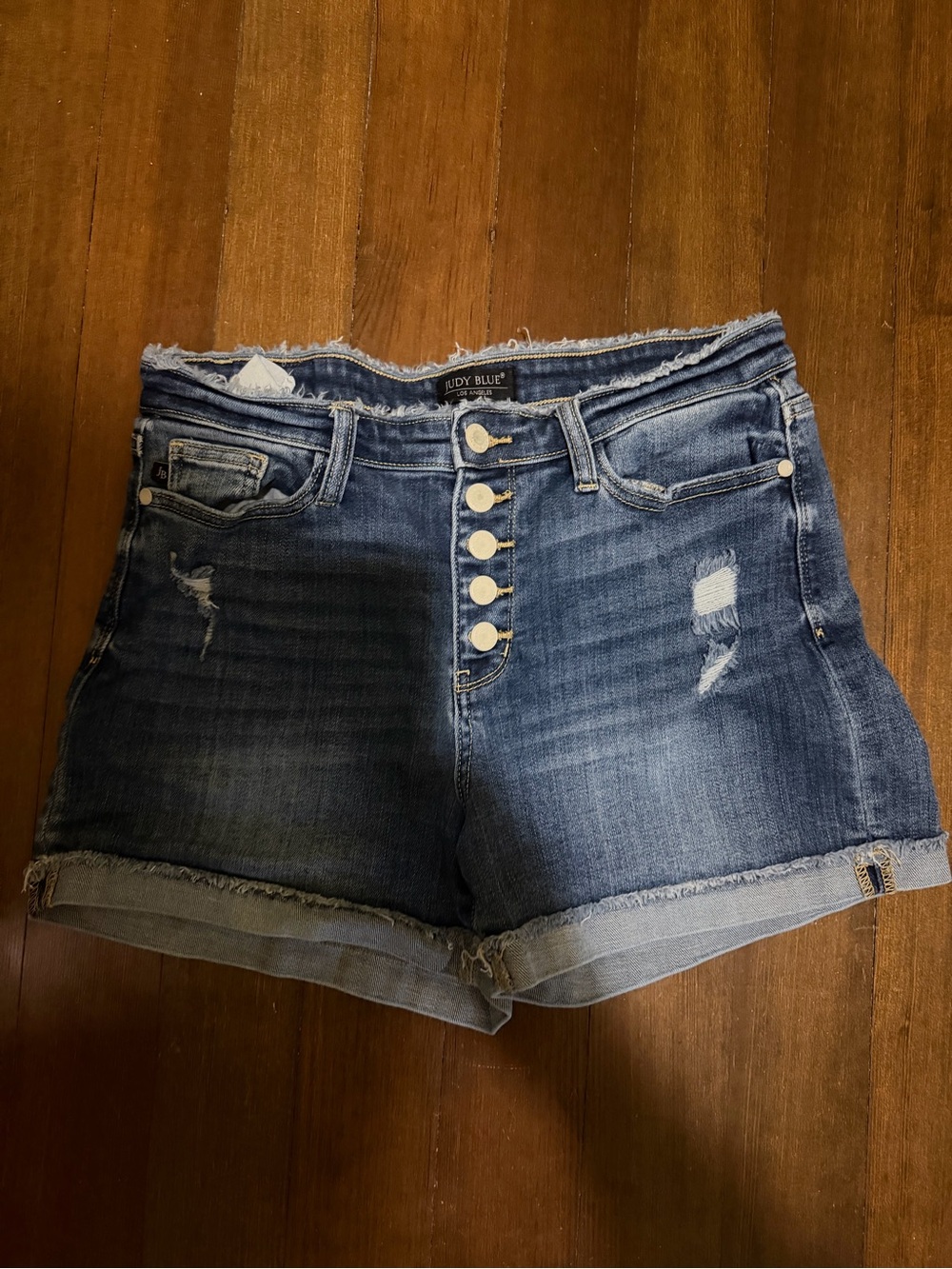 Judy Blue Button-Front Distressed Denim Shorts - Blue